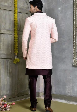 Woven Dupion Silk Sherwani in Wine