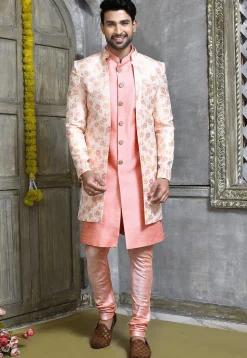 Woven Dupion Silk Sherwani in Peach