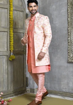 Woven Dupion Silk Sherwani in Peach