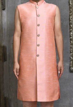 Woven Dupion Silk Sherwani in Peach