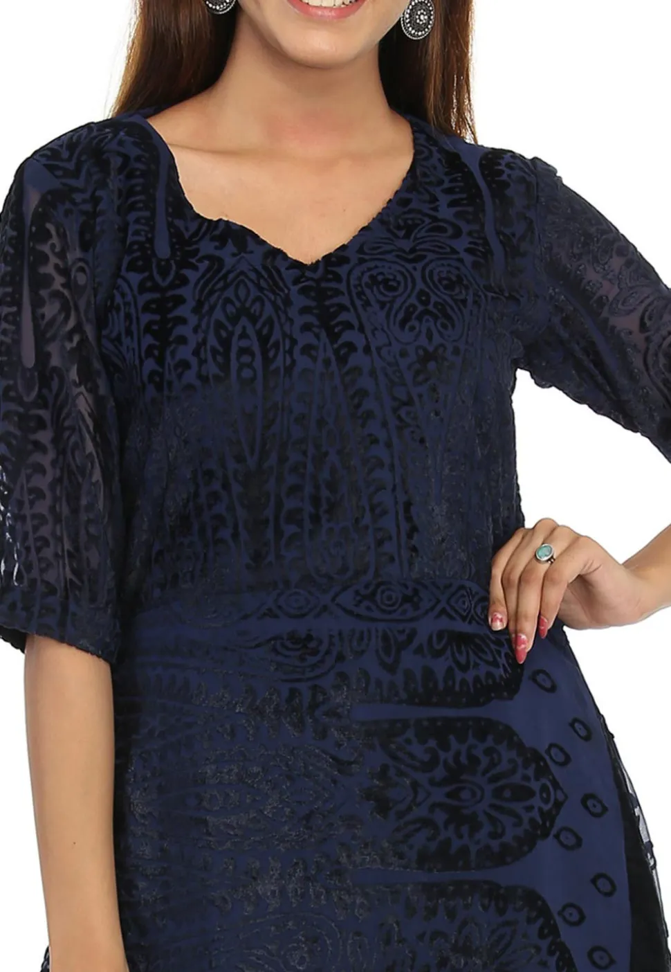 Woven Georgette Brasso Asymmetric Kurta in Navy Blue