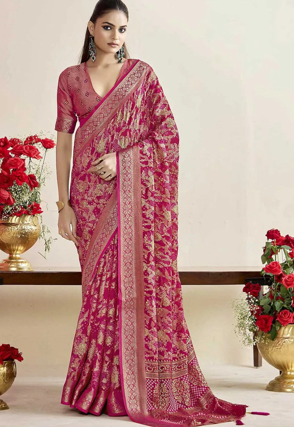 Woven Georgette Brasso Saree in Fuchsia
