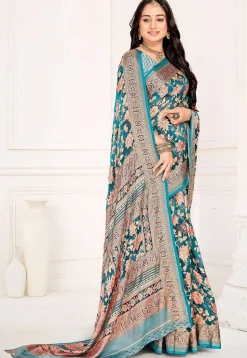 Woven Georgette Brasso Saree in Teal Blue