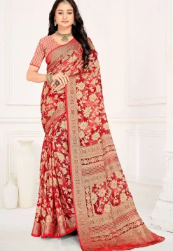 Woven Georgette Brasso Saree in Red