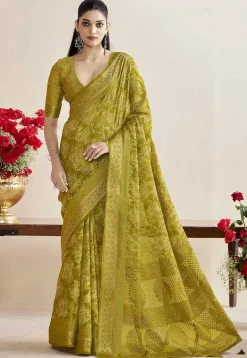 Woven Georgette Brasso Saree in Olive Green
