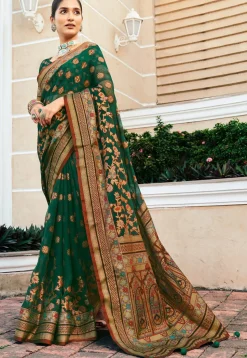 Woven Georgette Brasso Saree in Dark Green