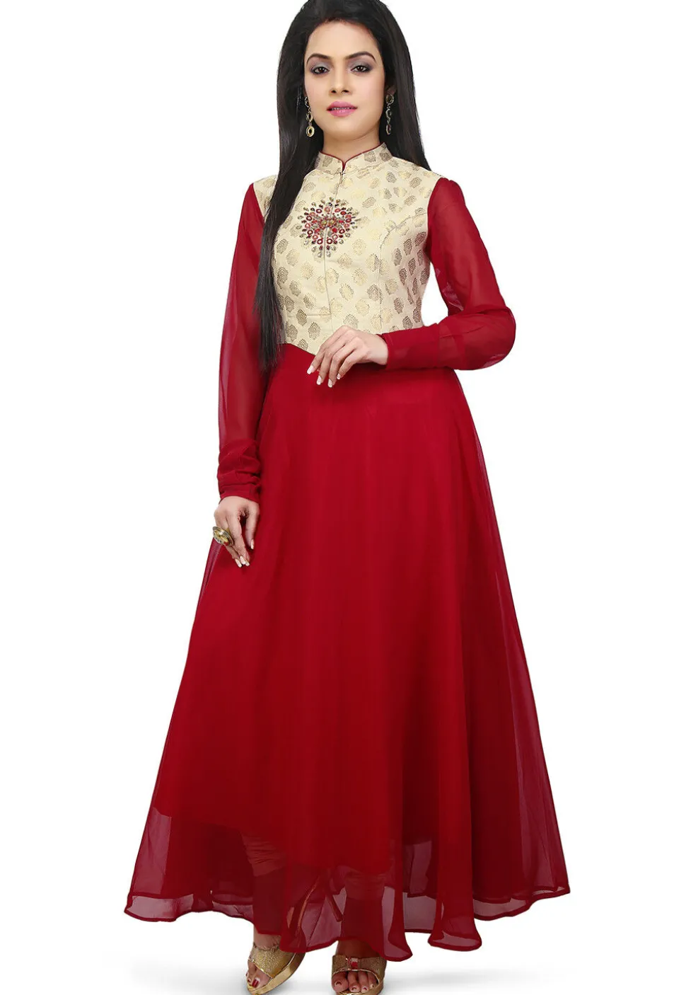 Woven Georgette Flared Gown in Maroon