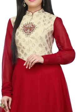 Woven Georgette Flared Gown in Maroon