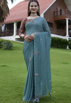 Woven Georgette Jacquard Scalloped Saree in Dusty Blue