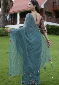 Woven Georgette Jacquard Scalloped Saree in Dusty Blue