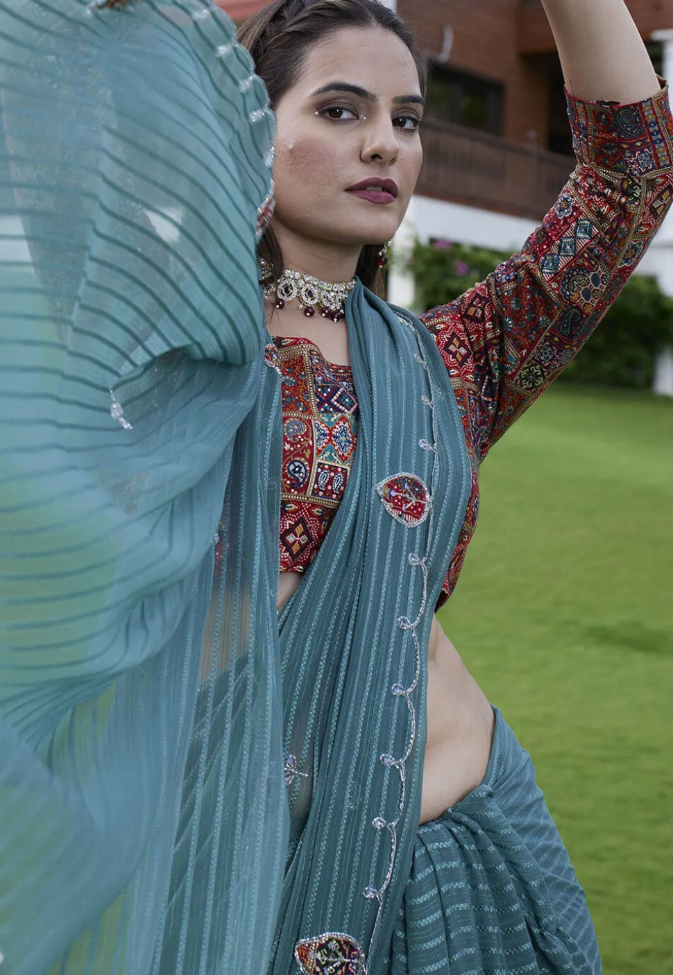 Woven Georgette Jacquard Scalloped Saree in Dusty Blue