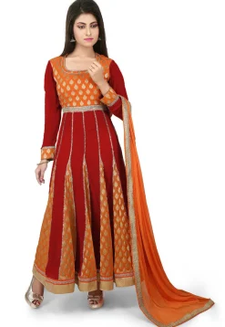Woven Georgette Jacquard Anarkali Suit in Maroon