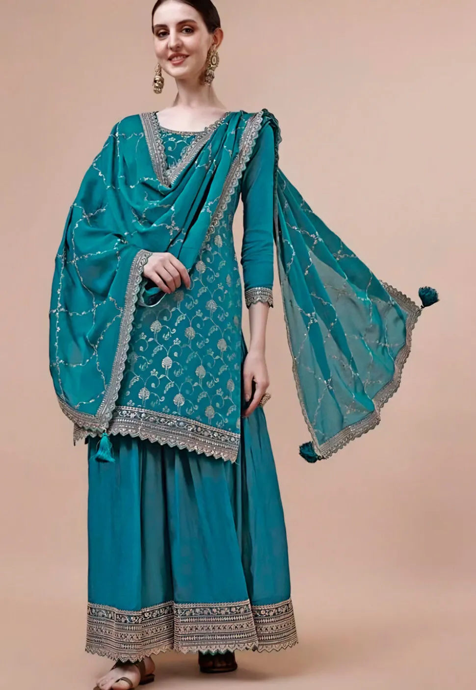 Woven Georgette Jacquard Pakistani Suit in Teal Blue