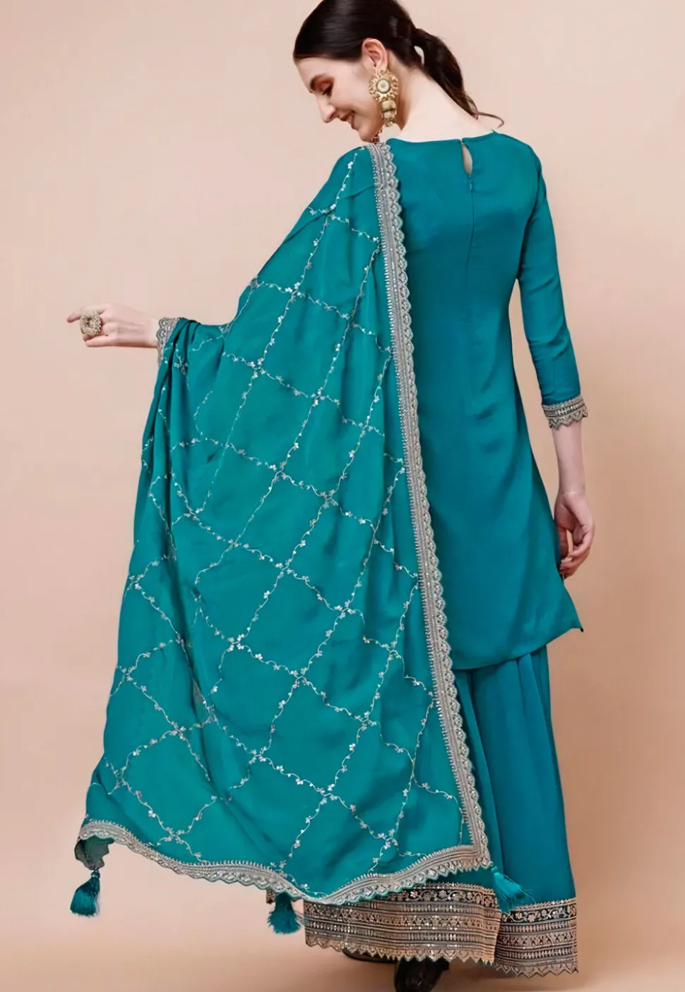 Woven Georgette Jacquard Pakistani Suit in Teal Blue