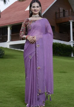 Woven Georgette Jacquard Scalloped Saree in Purple