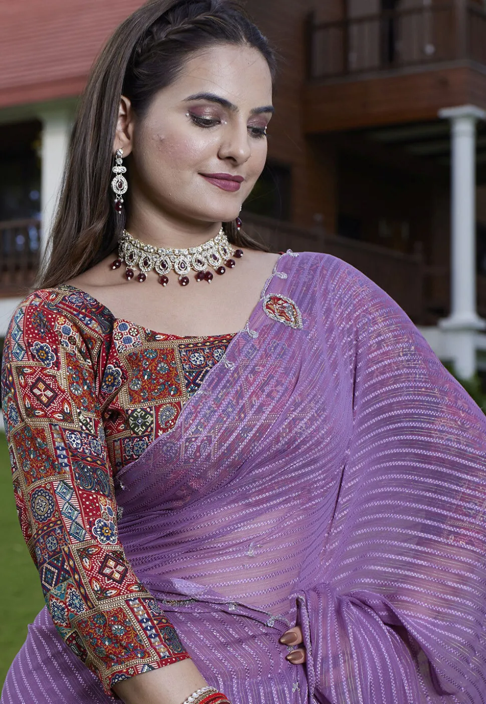 Woven Georgette Jacquard Scalloped Saree in Purple