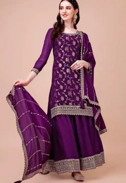 Woven Georgette Jacquard Pakistani Suit in Purple