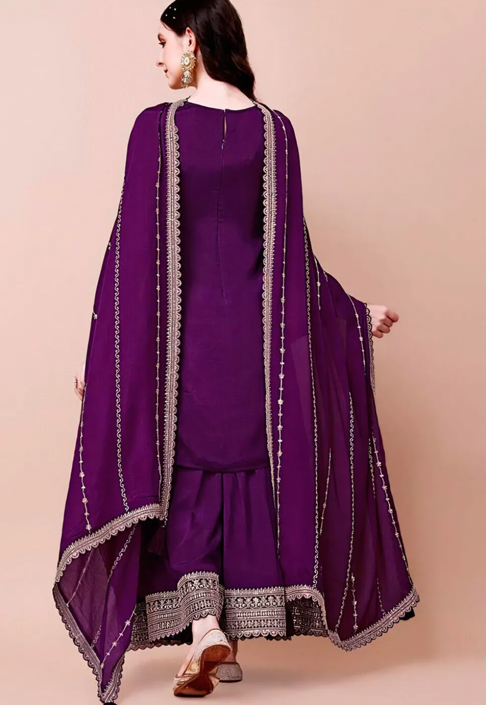 Woven Georgette Jacquard Pakistani Suit in Purple