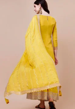Woven Georgette Jacquard Pakistani Suit in Yellow
