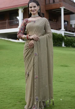 Woven Georgette Jacquard Scalloped Saree in Fawn