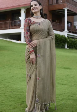 Woven Georgette Jacquard Scalloped Saree in Fawn
