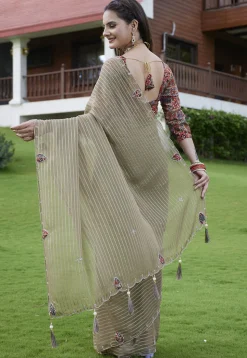 Woven Georgette Jacquard Scalloped Saree in Fawn