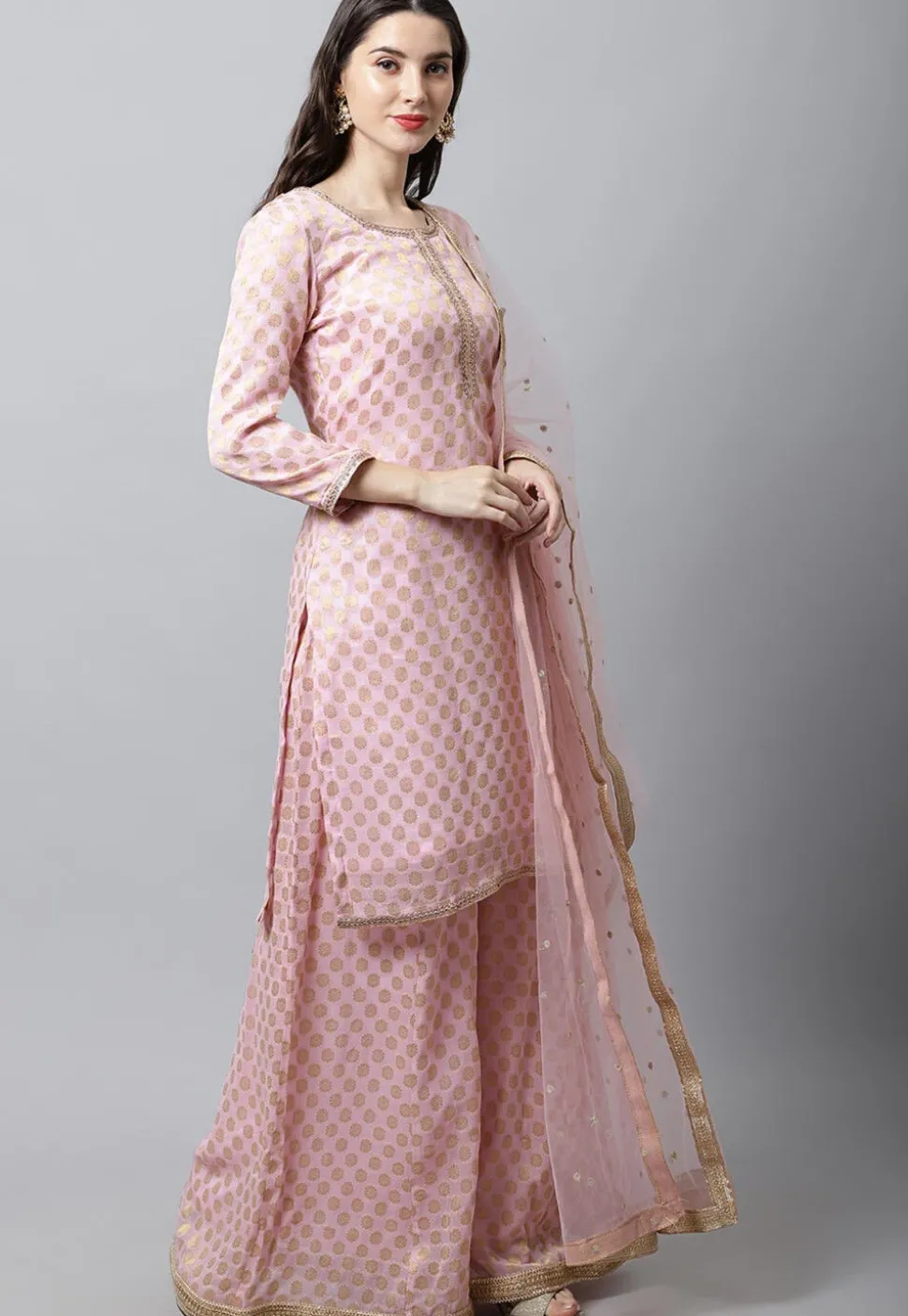 Woven Georgette Jacquard Pakistani Suit in Light Pink
