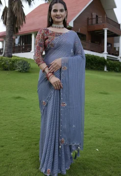 Woven Georgette Jacquard Scalloped Saree in Blue