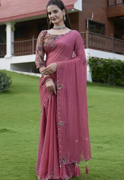 Woven Georgette Jacquard Scalloped Saree in Pink