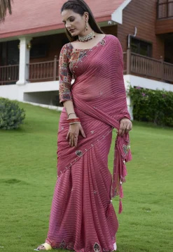 Woven Georgette Jacquard Scalloped Saree in Pink