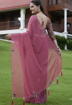 Woven Georgette Jacquard Scalloped Saree in Pink
