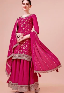 Woven Georgette Jacquard Pakistani Suit in Fuchsia