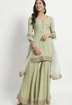 Woven Georgette Jacquard Pakistani Suit in Light Green
