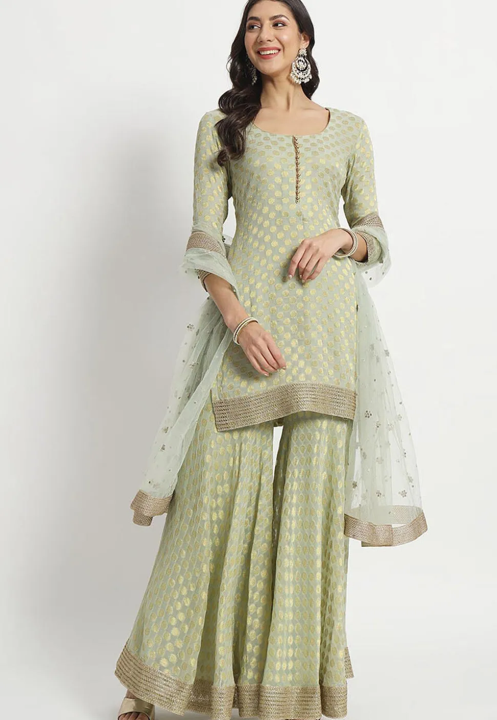 Woven Georgette Jacquard Pakistani Suit in Light Green