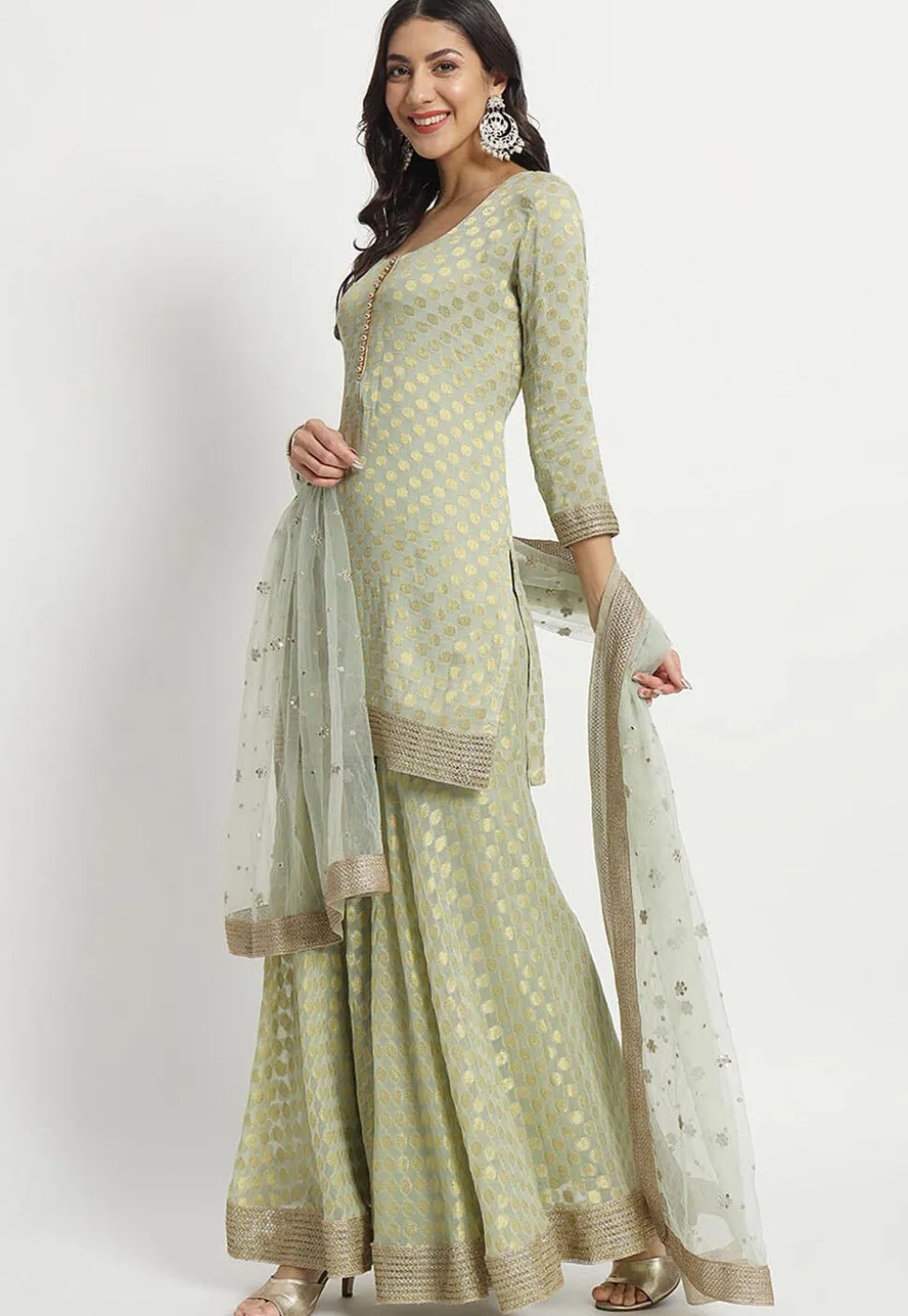 Woven Georgette Jacquard Pakistani Suit in Light Green