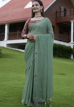 Woven Georgette Jacquard Scalloped Saree in Dusty Green