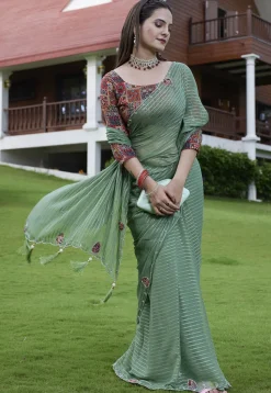 Woven Georgette Jacquard Scalloped Saree in Dusty Green