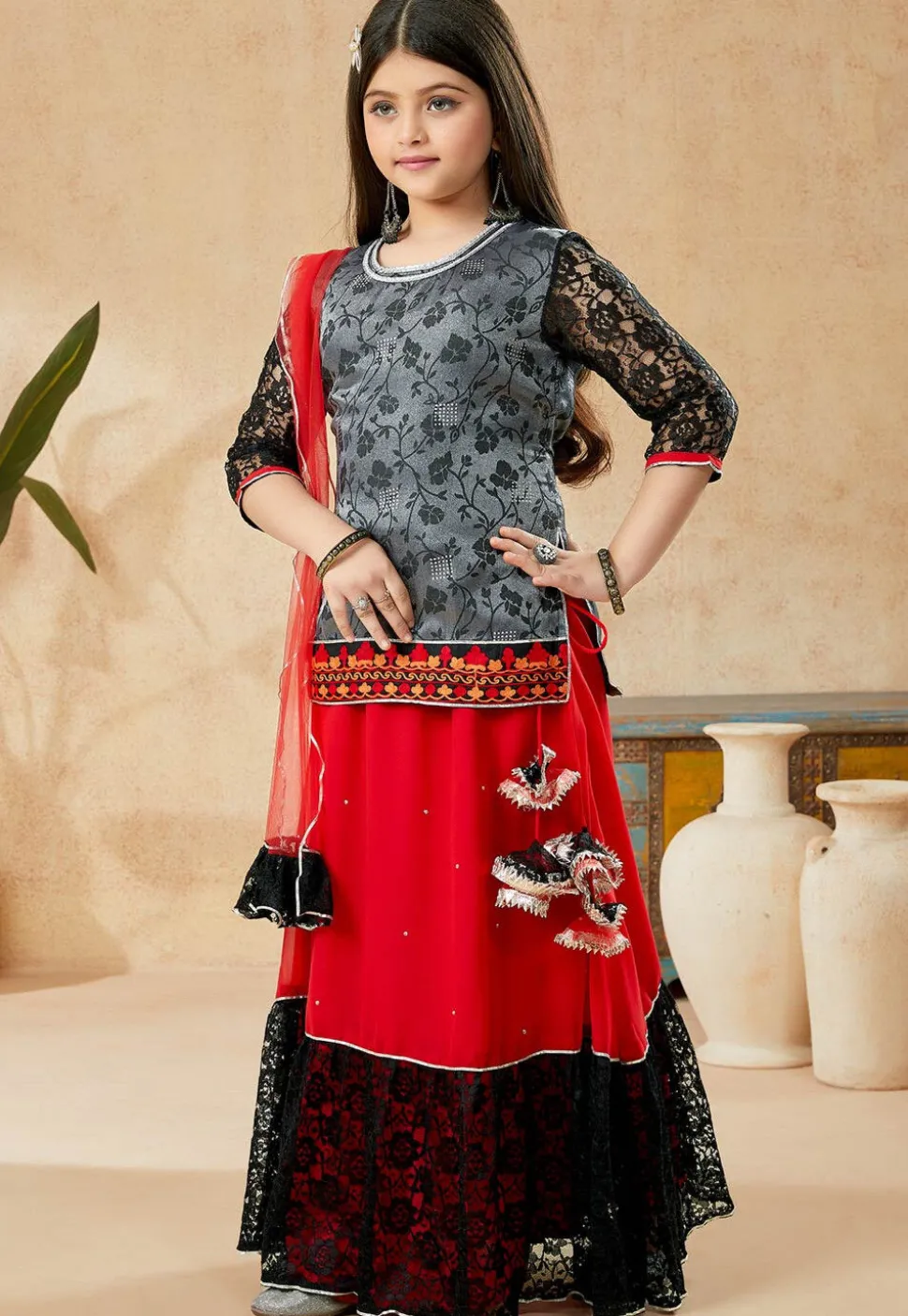 Woven Georgette Lehenga in Red