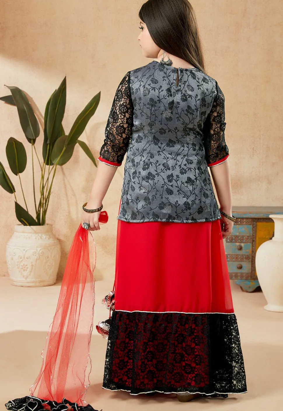 Woven Georgette Lehenga in Red