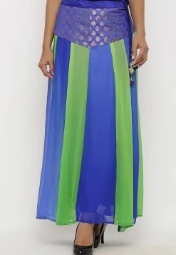 Woven Georgette Panelled Skirt in Blue and Green
