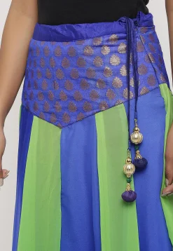 Woven Georgette Panelled Skirt in Blue and Green