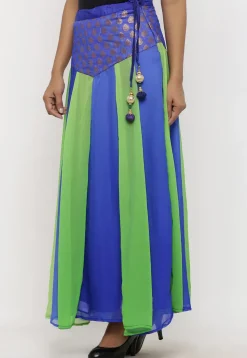 Woven Georgette Panelled Skirt in Blue and Green