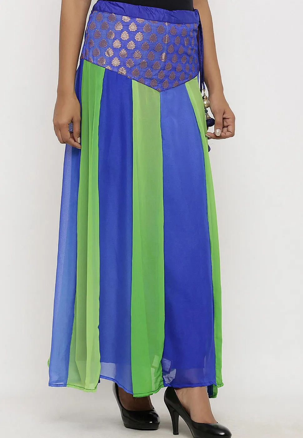 Woven Georgette Panelled Skirt in Blue and Green