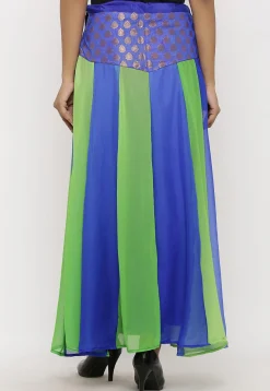 Woven Georgette Panelled Skirt in Blue and Green