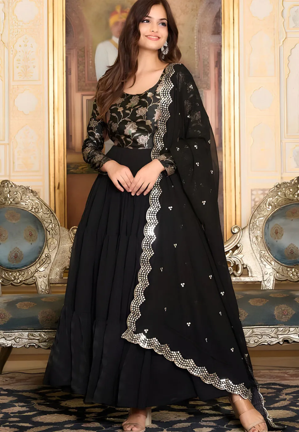 Woven Georgette Tiered Abaya Style Suit in Black