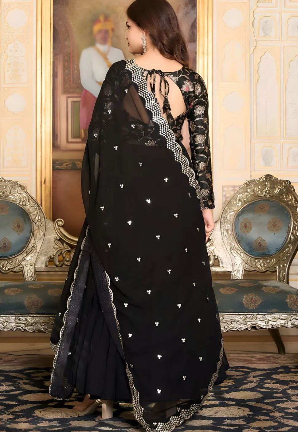 Woven Georgette Tiered Abaya Style Suit in Black