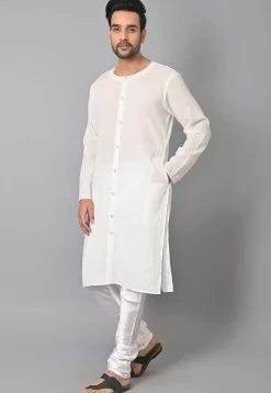 Woven Jacquard Cotton Front Open Kurta Set in in White