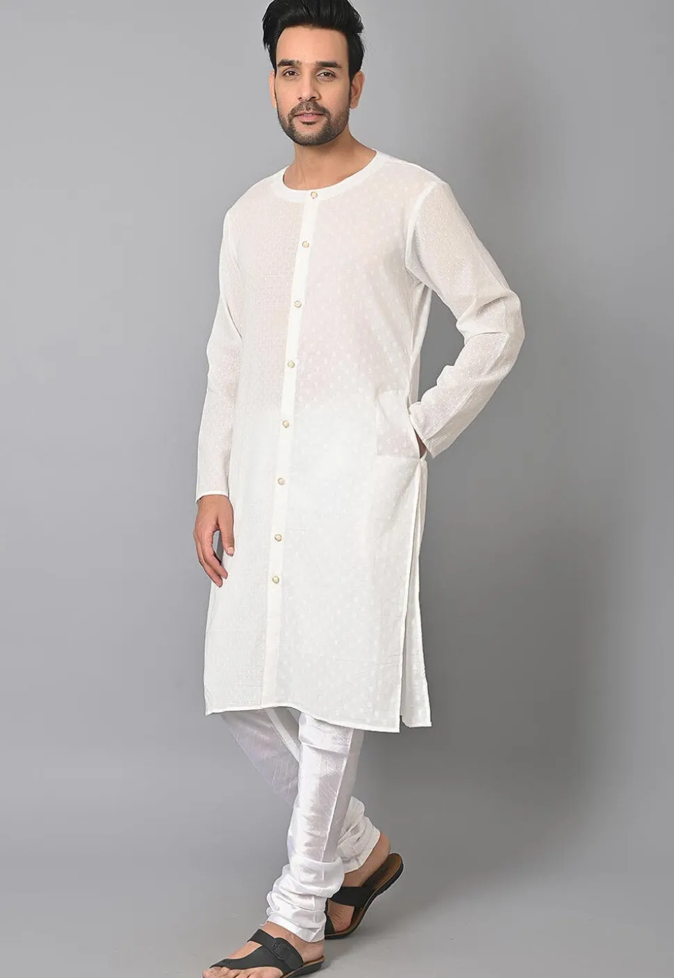 Woven Jacquard Cotton Front Open Kurta Set in in White