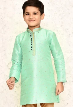 Woven Jute Silk Jacquard Kurta in Sea Green