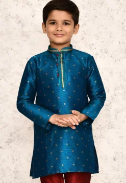 Woven Jute Silk Jacquard Kurta in Teal Blue